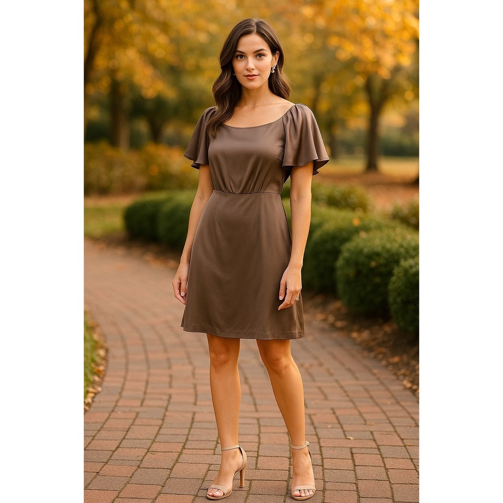 Banana Republic Brown Silk Blend Dress Flutter Sleeve Size 14 Party taupe